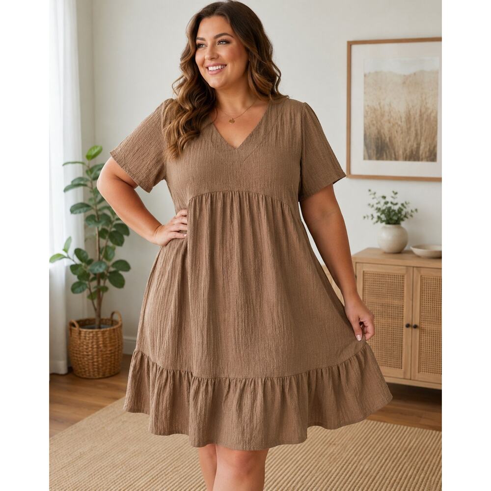 Womens Boho Babydoll Dress 3XL Brown Textured V Neck Ruffle Hem Casual Midi NWOT